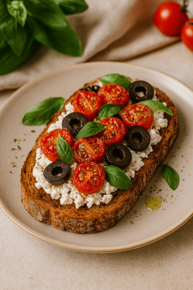 Tartine d'été garnie de feta émiéttée, tomates cerises confites et olives noires sur pain au levain _ Recette saine et riche en protéines