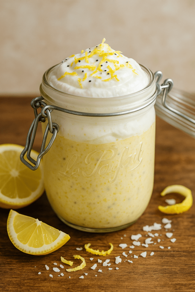 Overnight citron meringué crémeux dans une jar Le parfait avec zestes de citron et mousse de skyr 