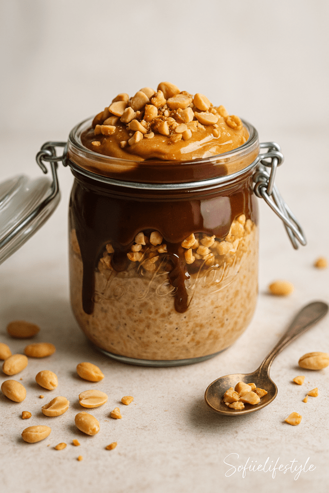 Overnight snickers protéiné dans une jar Le parfait, topping beurre de cacahuète et chocolat fondu