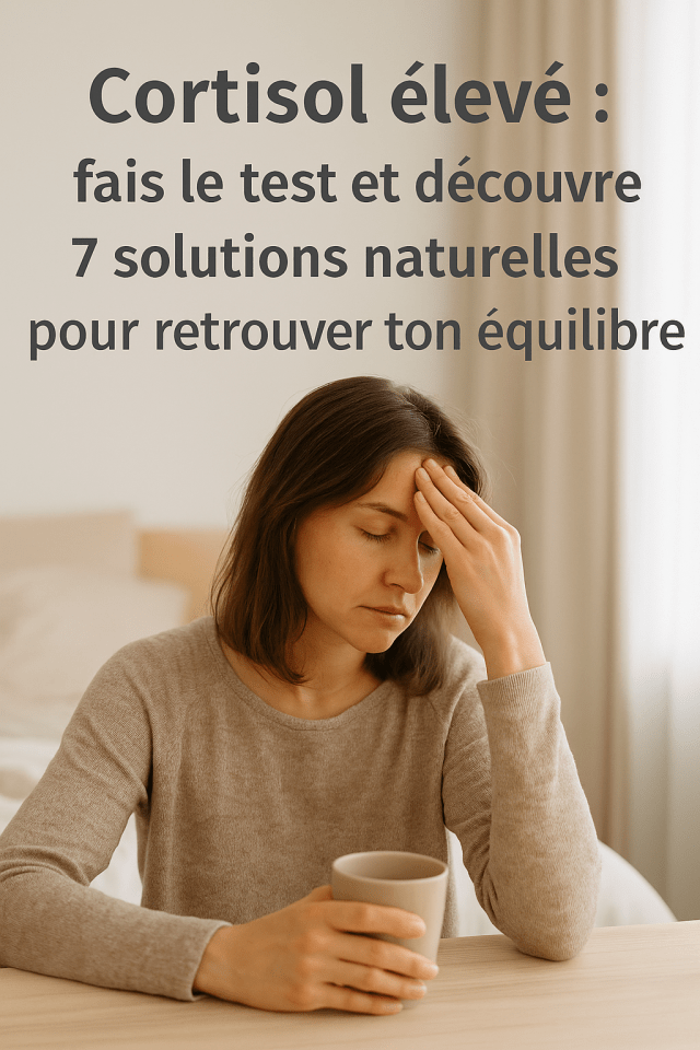 femme fatiguée le matin tenant une tasse, symbole de surcharge de cortisol. Texte: "cortisol élevé_ Fais le test et découvre 7 solutions naturelles