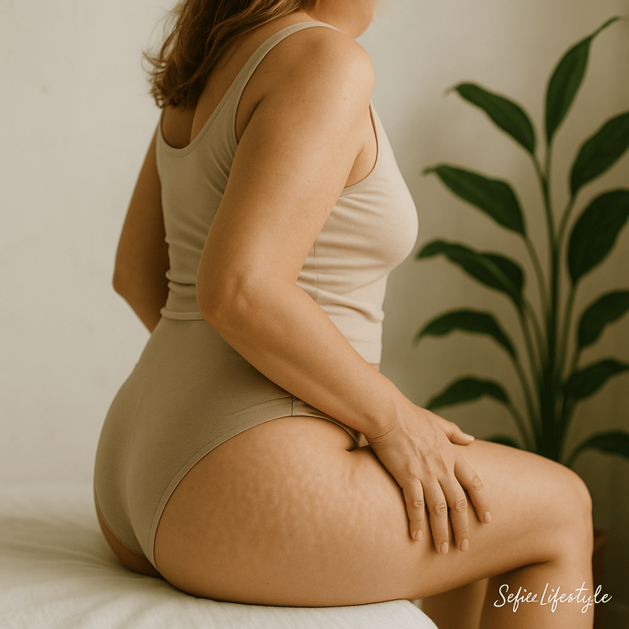 Silhouette féminine assise de profil , montrant sa cellulite de manière naturelle et bienveillante, décor minimaliste avec plante verte. Visuel inspirant pour comprendre la cellulite après 40 ans
