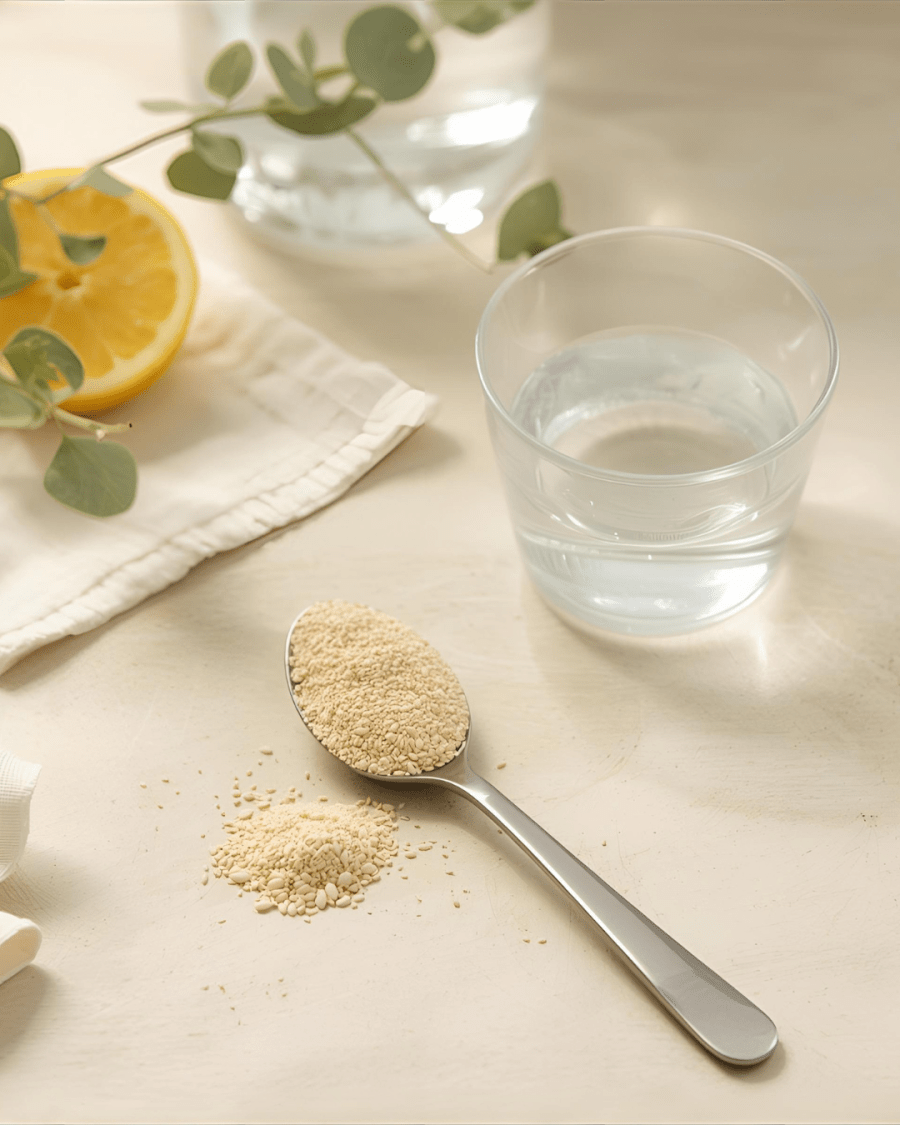 Cuillère de psyllium blond posée sur une table en bois clair, à côté d'un verre d'eau citronné_ Un complément naturel efficace pour le trabsit et le ventre plat à la ménopause