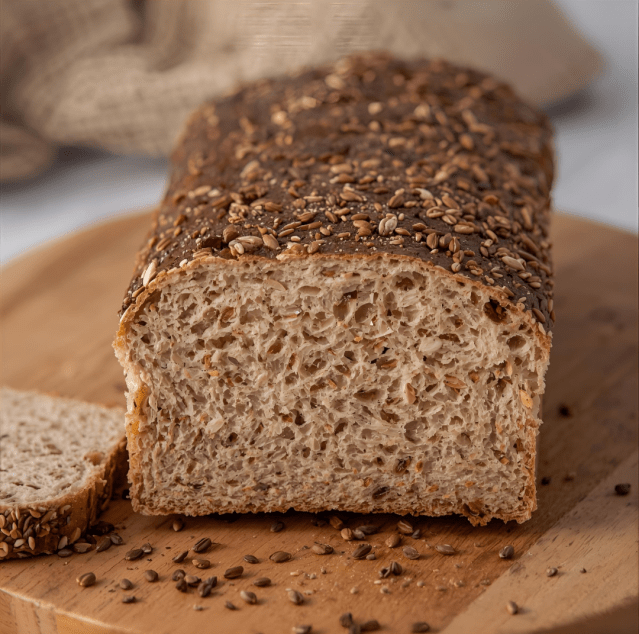 Pain maison riche en protéines et en fibres, préparé avec du psyllium blond et des graines de lin et tournesol