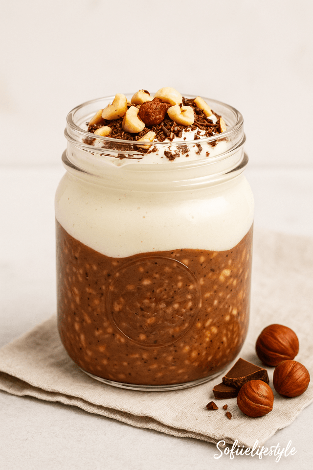 Overnight choco noisette dans une jar Le parfait, topping noisette
