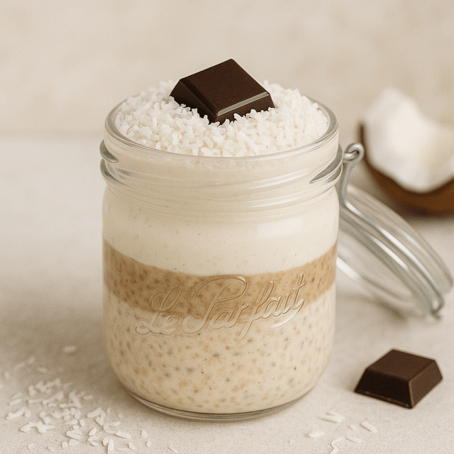 Overnight bounty coco chocolat dans une jar Le parfait avec copeaux de coco