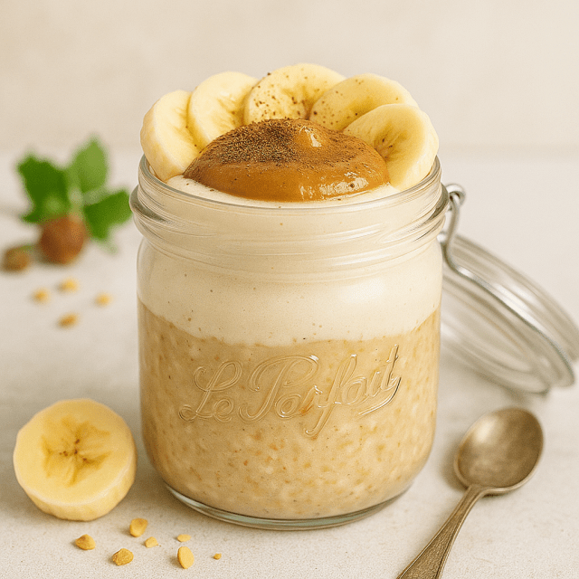 Overnight banofee dans une jar Le parfait, rondelles de banane, purée d'amandes