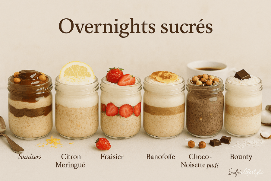 7 jars d'overnight sucrés et protéinés inspirés de dessert ( snickers, citron meringué, fraisier, banofee,tiramisu,choco-noisette, bounty)