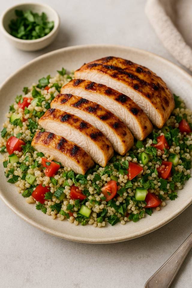 Assiette de poulet rôti aux légumes colorés et quinoa