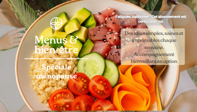Assiette composée de quinoa, tomates cerises, avocat, concombre, pastèque et carotte, sur fond tropical – visuel de l’abonnement menus bien-être spécial ménopause