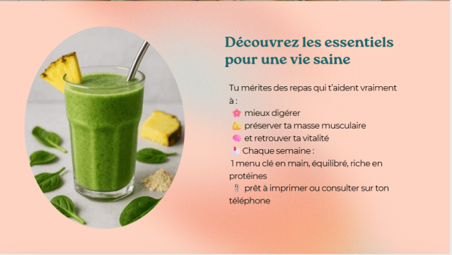 Smoothie vert aux épinards et à l’ananas, sur fond rose avec texte bien-être – visuel de l’abonnement aux menus hebdomadaires sains et riches en protéines