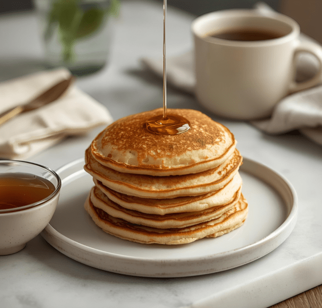 Pile de pancakes dorés faits maison, préparés avec du psyllium blond pour plus de légèreté et de fibres