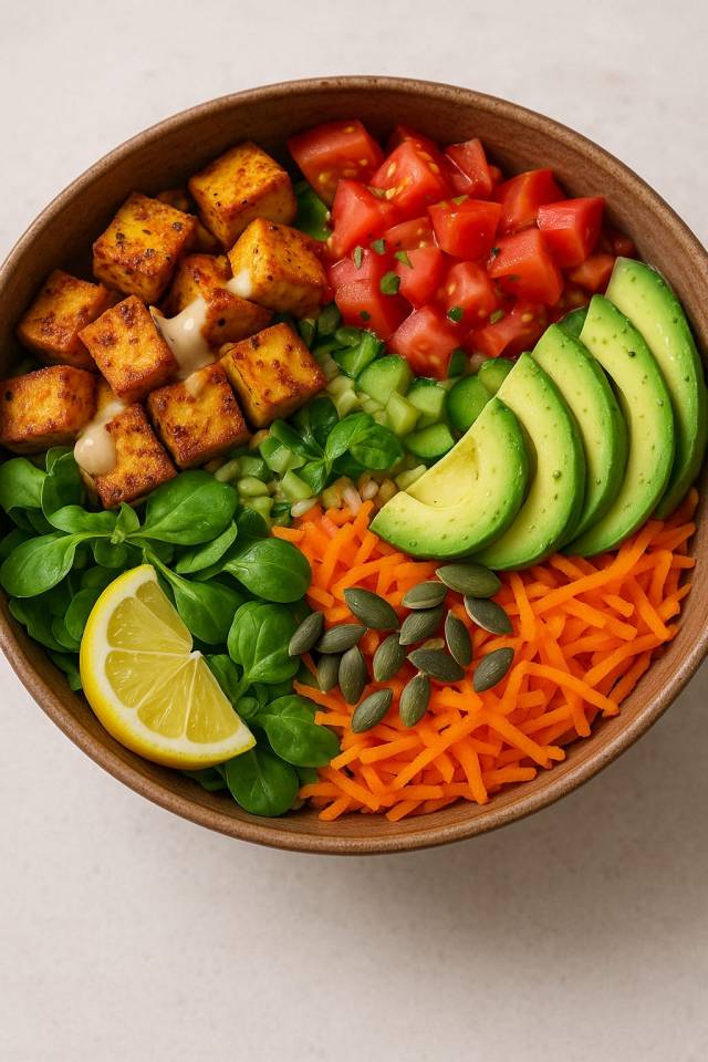 Buddha bowl avec tofu grillé, pois chiches, quinoa et légumes