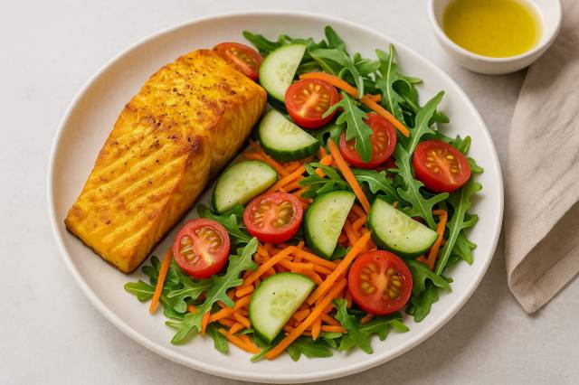 Filet de saumon rôti avec légumes grillés et herbes fraîches
