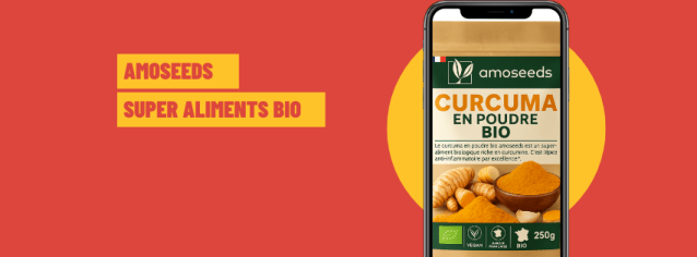 Bannière Amoseeds Curcuma bio en poudre avec smartphone et design coloré