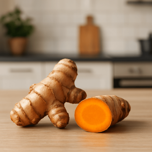 Gros plan sur une racine de curcuma fraîche avec un morceau coupé, révélant sa chair orange éclatante, sur une table de cuisine moderne