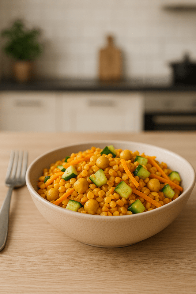 Salade de lentilles corail au curcuma avec pois chiches, concombre et carottes râpées dans un bol, recette anti-inflammatoire