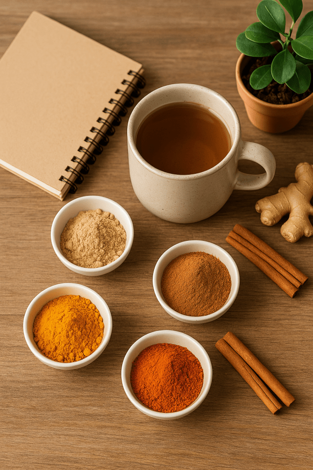 Epices anti inflammatoires ( curcuma, cannelle, paprika) avec tisane chaude et ambiance cocooning