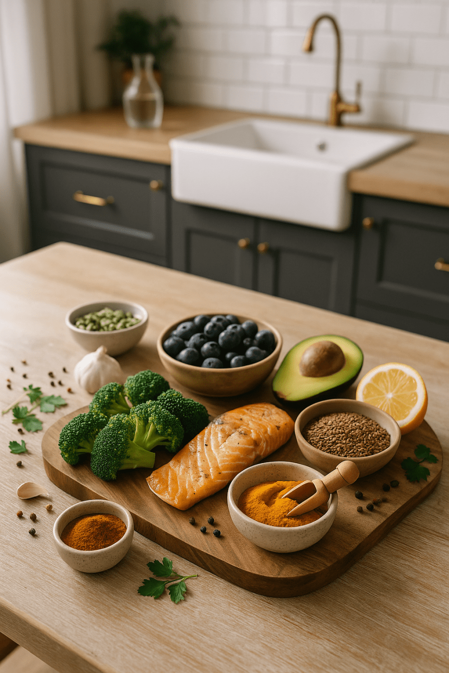 Table de cuisine moderne avec épices et aliments anti-inflammatoires