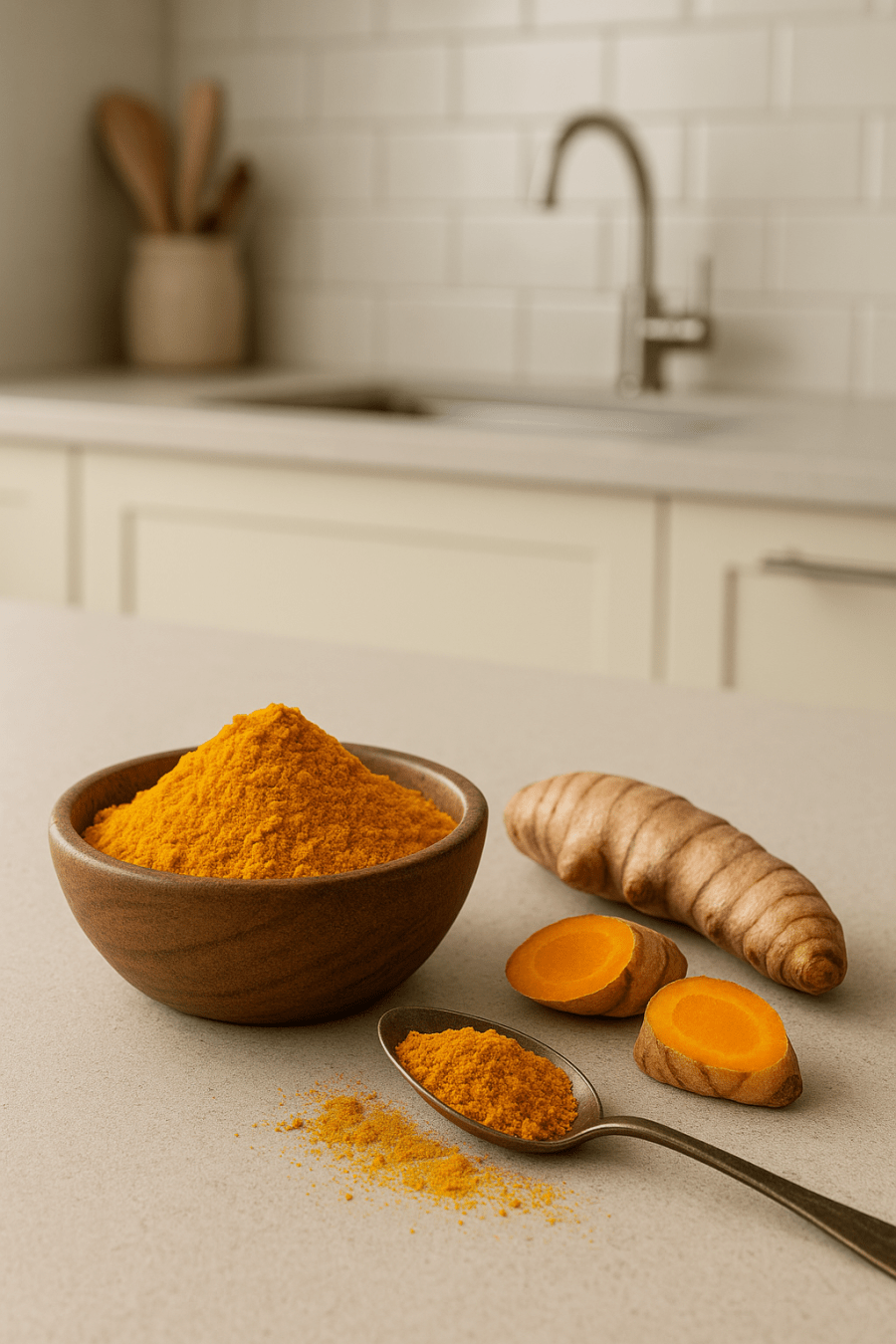 Curcuma en poudre dans une coupelle avec cuillère et racine de curcuma sur une table de cuisine moderne, photo lifestyle anti-inflammatoire