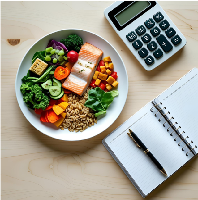 Vue de dessus d'une assiette équilibrée avec légumes,protéines et céréales complètes, à côté d'une calculatrice, d'un carnet _ Illustration du calculateur de métabolisme de base