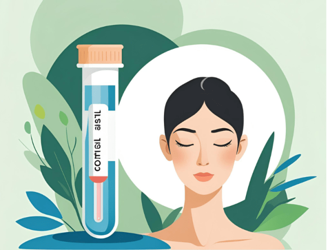 Illustration d'un tube de prélèvement pour test du cortisol avec silhouette féminine, représentant la mesure du stress et ses effets sur la santé et le métabolisme