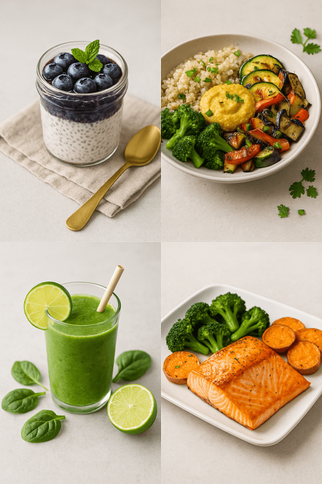 Idées de recettes anti-inflammatoires: pudding de chia aux myrtilles, légumes grillés, smoothie vert, saumon avec brocolis et patates douces