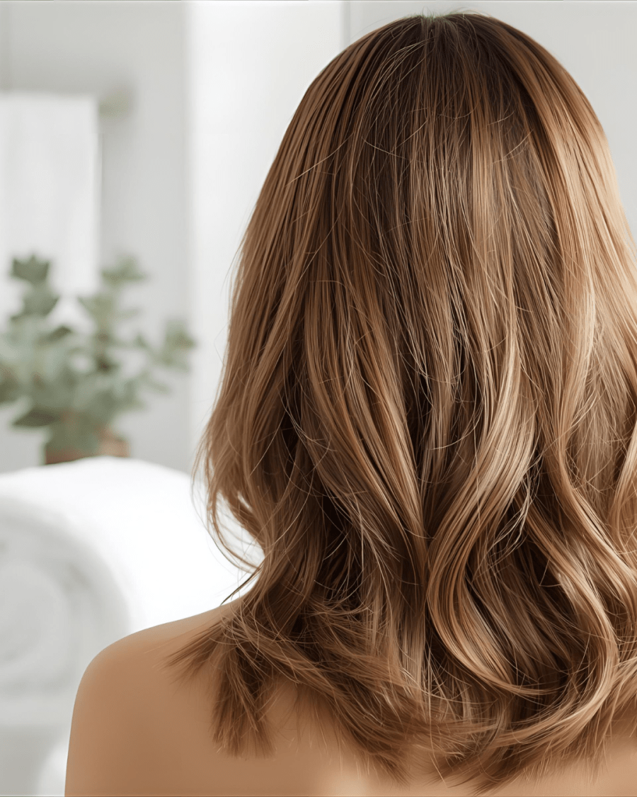 Visuel bien-être avec chevelure féminine floue en arrière plan, serviette blanche et eucalyptus- Article perte de cheveux et ménopause