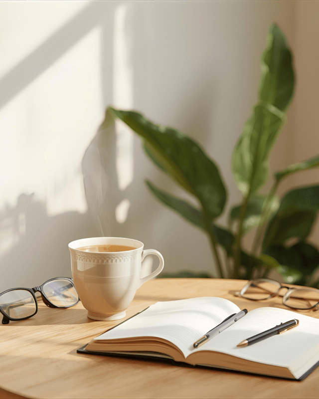 Illustration fatigue à la ménopause : carnet, tasse de thé et lunettes posées, ambiance calme et naturelle – article sur 7 remèdes pour retrouver énergie et vitalité après 40 ans