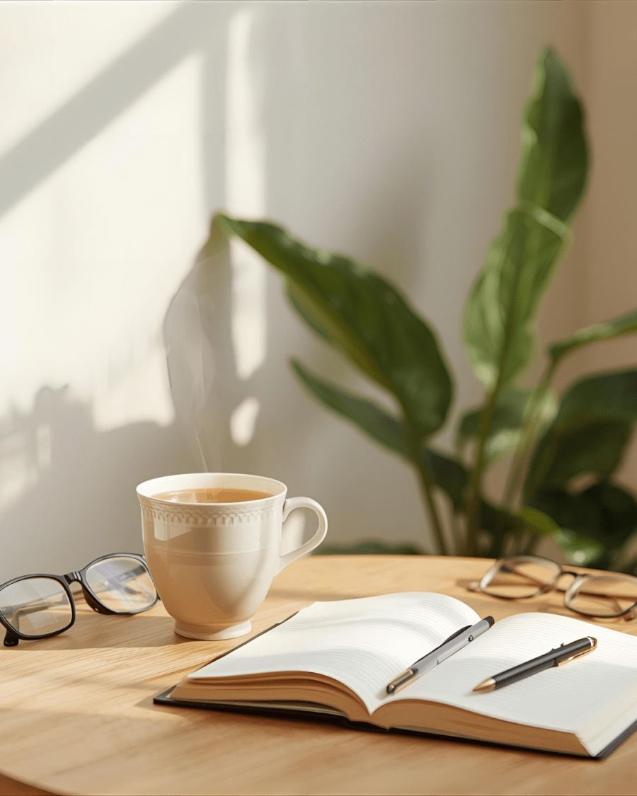 Illustration fatigue à la ménopause : carnet, tasse de thé et lunettes posées, ambiance calme et naturelle – article sur 7 remèdes pour retrouver énergie et vitalité après 40 ans