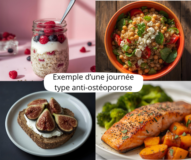 Exemple de repas équilibrés pour prévenir de l'ostéoporose à la ménopause: overnight aux fruits rouges, salade de quinoa pois chiches et feta, tartine feta ricotta, saumon au brocoli et patate douce