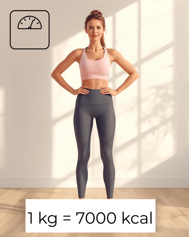 Femme sportive debout sur une balance avec le texte 1 kg = 7000 kcl, rappel visuel de la dépense calorique nécessaire pour perdre un kilode graisse