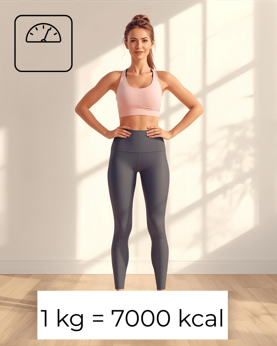 Femme sportive debout sur une balance avec le texte 1 kg = 7000 kcl, rappel visuel de la dépense calorique nécessaire pour perdre un kilode graisse