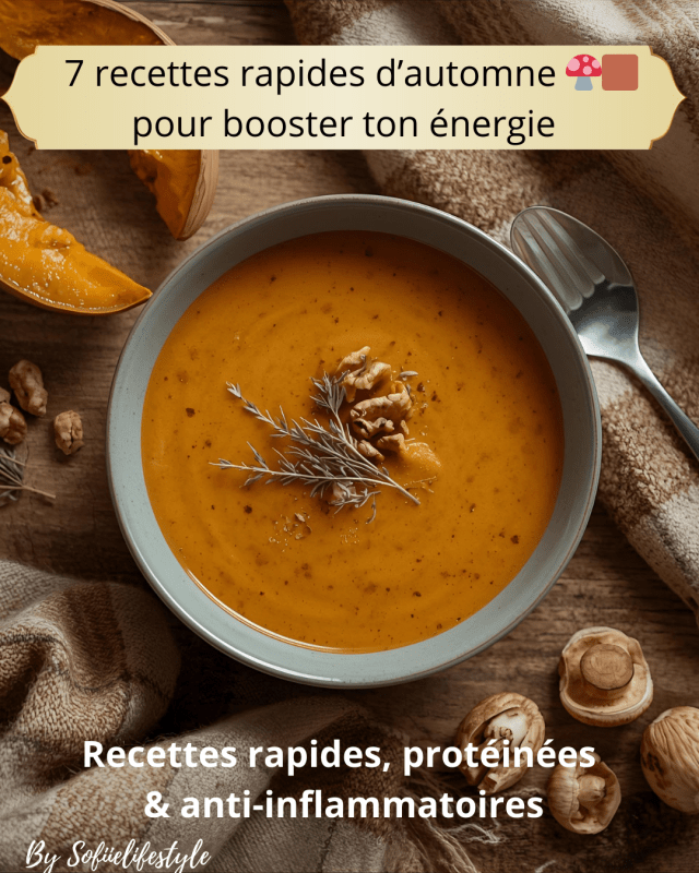 Photo de soupe automnale réalisées avec de légumes de saison, recette saine et riche en proyéines, idéales pour femmes en ménopausesaison