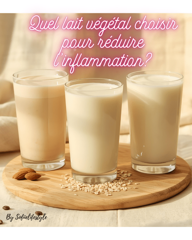 3 verres de lait végétal posés sur une planche en bois clair, avec amandes et graines au premier plan. Image illustrant la question: quel lait végétal choisir pour réduire l'inflammation