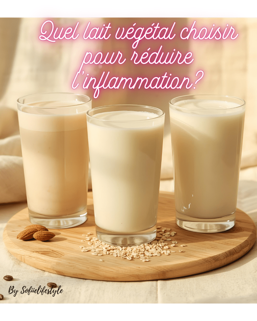 3 verres de lait végétal posés sur une planche en bois clair, avec amandes et graines au premier plan. Image illustrant la question: quel lait végétal choisir pour réduire l'inflammation
