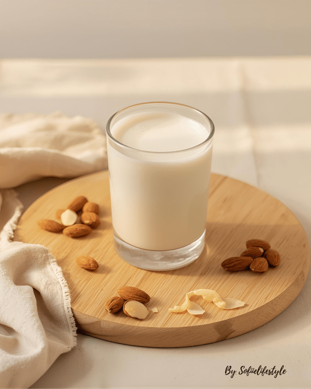 Verre de lait d'amande sur planche ronde en bois clair, entouré d'amandes entières. Illustration des bienfaits anti-inflammatoires du lait d'amande
