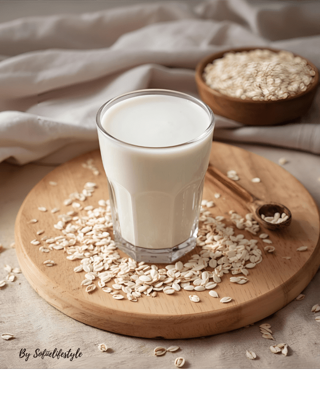 Verre de lait d'avoine posé sur une planche en bois clair avec flocons d'avoine autour. Illustration des bienfaits digestifs et anti-inflammatoires du lait d'avoine