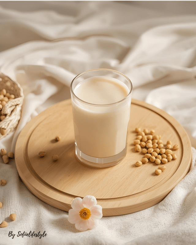 Verre de lait de soja sur planche en bois clair avec graines de soja et fleur blanche. Illustration du lait de soja comme alternative végétale riche en protéines et soutien hormonal naturel