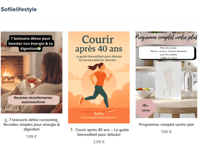 Présentation des ebooks et programmes En forme à la ménopause : 7 boissons détox cocooning, courir après 40 ans & programme complet ventre plat