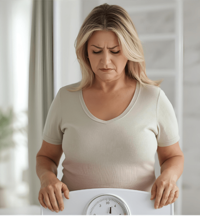 Femme d'âge m^r debout sur une balance, visge déçu, illustrant la difficulté de perdre du poids à la ménopause