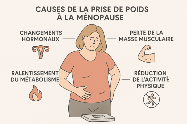Infographie illustrant les principales causes de la prise de poids à la ménopause: changements hormonaux, ralentissementdu métabolisme, perte de la masse musculaire et réduction de l'activité physique